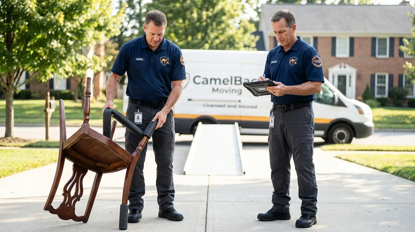 Movers inspecting furniture for damage prevention before loading in Millersport, OH
