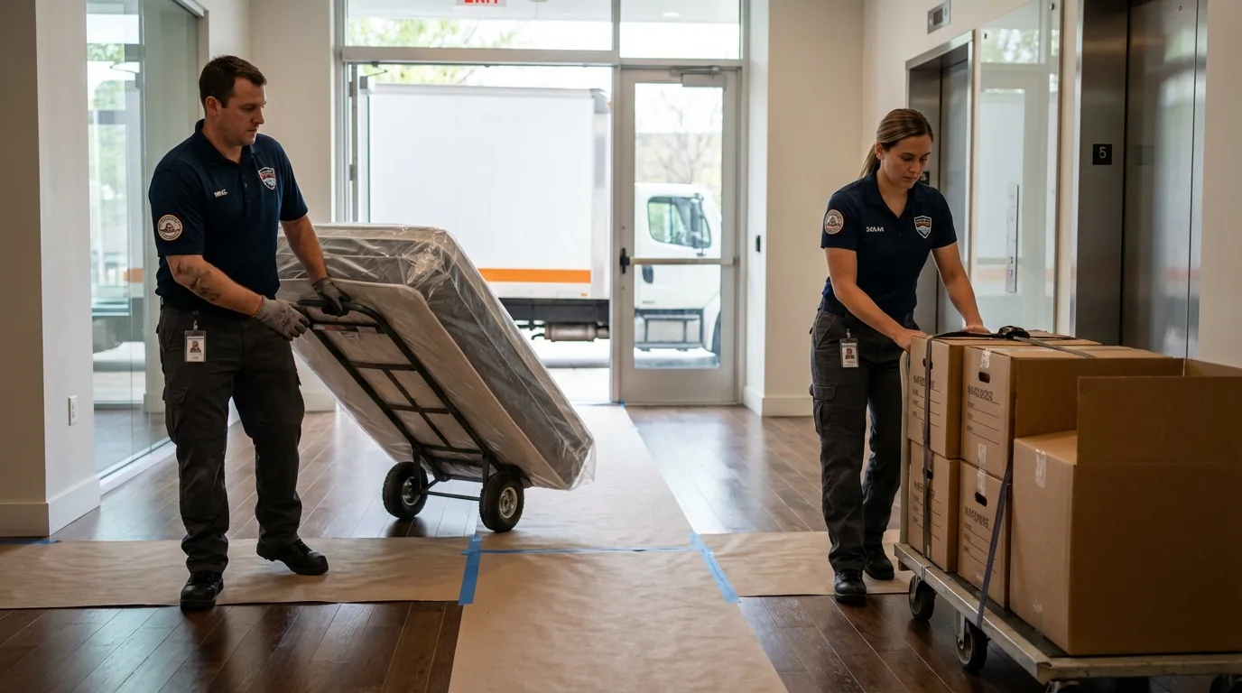 Professional apartment movers loading elevator in Millersport, OH