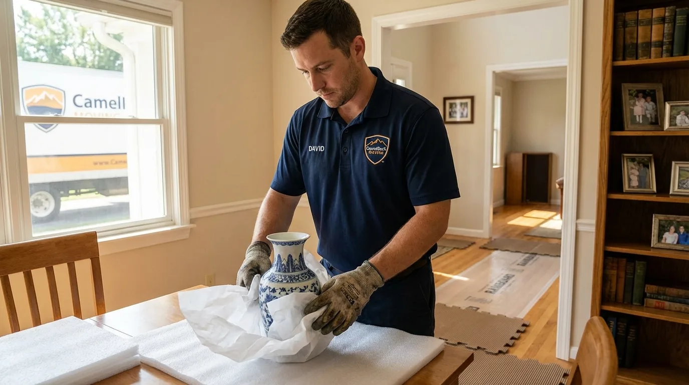 Professional crew carefully wrapping antique vase for senior downsizing move in Millersport, OH
