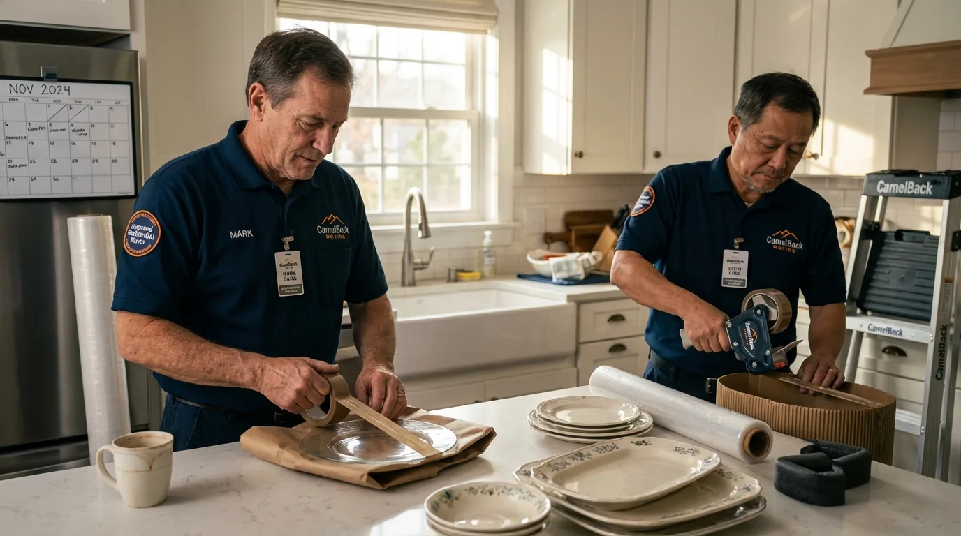 Professional crew packing kitchen dishware in Millersport, OH